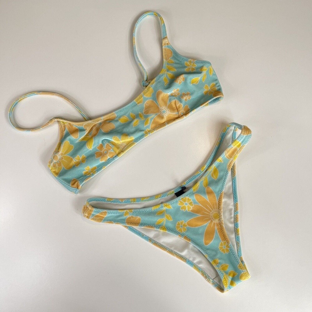 TRIANGL | Airlie Blue Yellow Retro Floral Velour Scoop Neck Bikini M